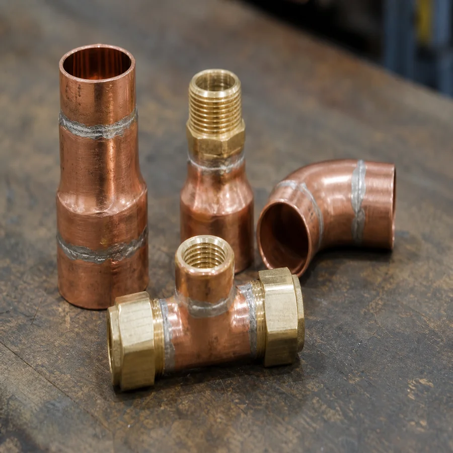 Copper and brass fittings with tin-silver solder on workbench