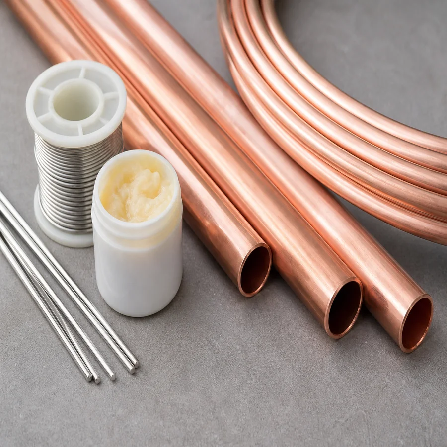 HVAC copper line set with solder supplies nearby